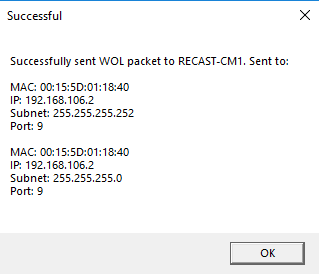 Wake on LAN success dialog