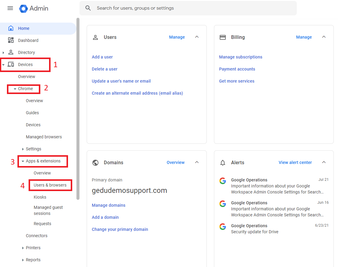 Image showing menu navigation in the Admin Console